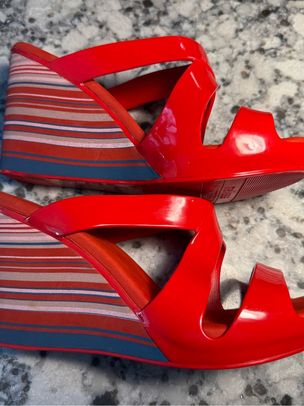 Melissa Red PVC Strappy Wedge Sandals with Striped Platform